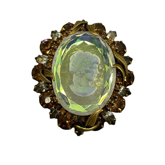 Mid Century Cameo Brooch | Hollywood Regency AB Glass Statement Pin - Picture 3 of 8